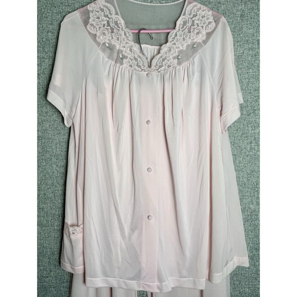 Vintage Pink Shadowline Nylon Floral Lace Embroidered Pajama Pants Shirt Robe 1X